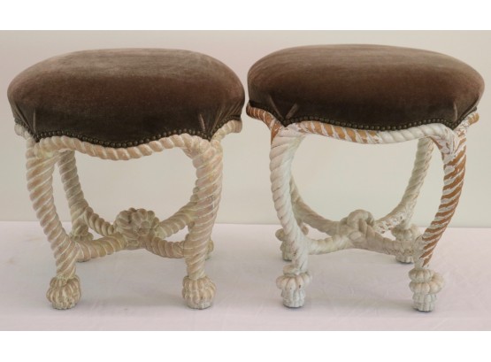 Pair Of Upholstered Stools With Twisted Rope And Knot Bases