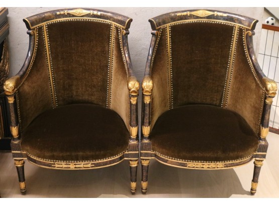 Fantastic Pair Of Louis XVI Style Bergeres With Faux Burl Frames And Gilt Accents, Gilt Dolphin Hand Holds