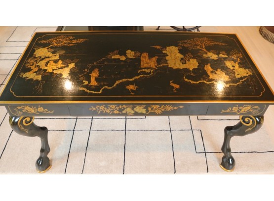 Amazing Chinoiserie Decorated Desk Gilt Black Lacquer, Full Curving Rams Legs