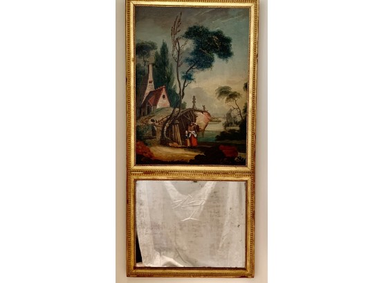 Antique 19th C Continental  Trumeau Mirror With Hand Painted Oil On Canvas Scene