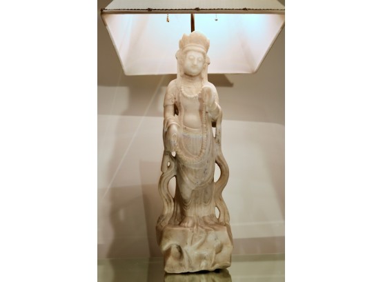 Pair Of Impressive Carved Soapstone Guanyin Statues Mounted As Lamps