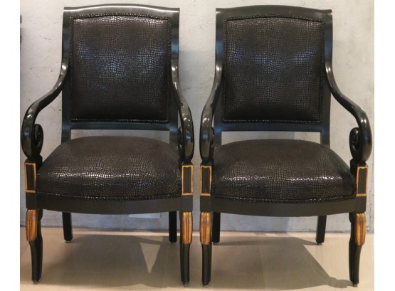 Stunning Pair Of Ebony Empire Style Armchairs With Parcel Gilt Highlights, Fabulous Snakeskin Fabric