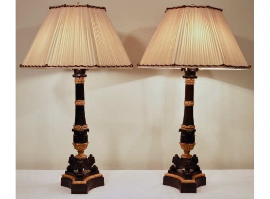 Pair French Empire Parcel Gilt Bronze Candle Sticks Converted To Electric Lamps
