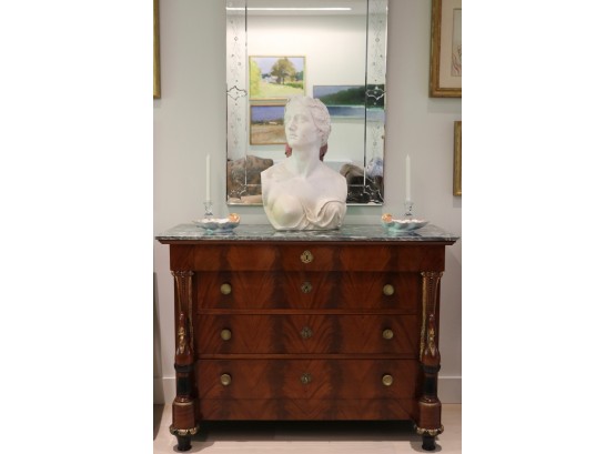 Empire Style Mahogany Marble Top Chest With Gilt Swan Columns
