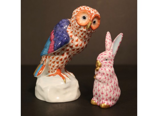 Two Herend Figures Fishnet Owl & Red Fishnet Rabbit