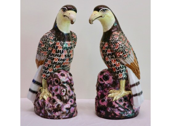 Statement Pair Of Large Chinese Polychrome Porcelain Eagles