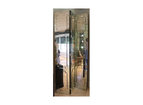 Pair, Large Three Panel Art Deco Smoky Mirrored Screens, Together As A Room Divider