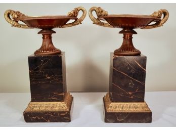 Pair Of Antique Bronze And Marble Tazzas