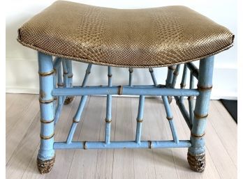 Faux Bamboo Stool In Blue Paint, Padded Leather Snakeskin Seat, Greenbaum Label.