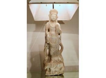 Pair Of Impressive Carved Soapstone Guanyin Statues Mounted As Lamps