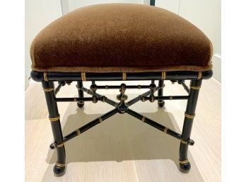 A Baker Furniture Black Faux Bamboo Upholstered Stool