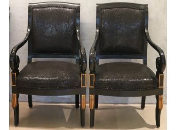 Stunning Pair Of Ebony Empire Style Armchairs With Parcel Gilt Highlights, Fabulous Snakeskin Fabric
