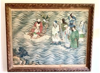 VINTAGE Original CHINESE Gouache Painting On Masonite, Floating Figures