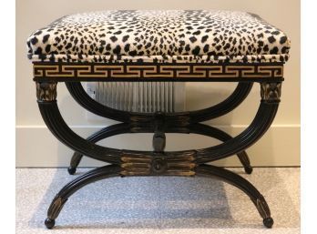 Ebonized And Gilt Wood Tabouret With X Form Base, Padded Leopard Fabric Upholstery