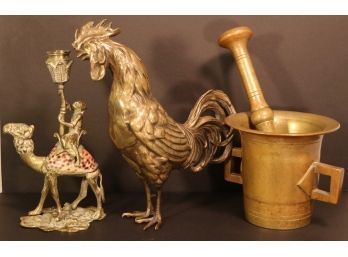 Decorative Brass Lot Rooster Mortar & Pestle Camel Shell Candle Stick