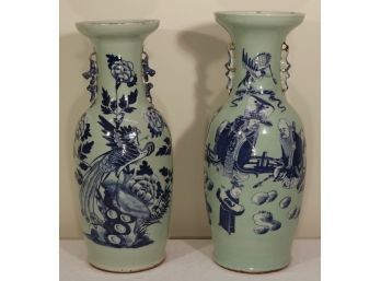 Two Spectacular 19th C. Chinese Celadon Ground Blue Decorated Urns
