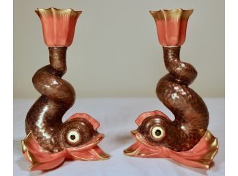 Pair Of Herend Porcelain Dolphin Candle Sticks