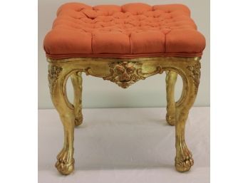 Louis XVI-Style Gilt Wood Stool With Tufed Coral Fabric Upholstery