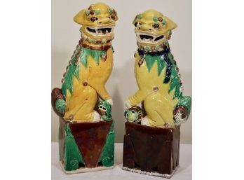 Pair Of Chinese Export Polychrome Glazed Porcelain Foo Dog Statues