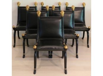 Six Neo Classical Style Gilt Rams Head Ebonized Wood Leather Dining Chairs