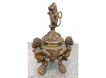 Vintage Cast Brass Censor With Lion & Shield Finial On Three Native Caryatid Form Legs