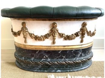 Unique Antique Painted Wood Jardiniere Planter With Tufted Leather Seat Over Lead Insert
