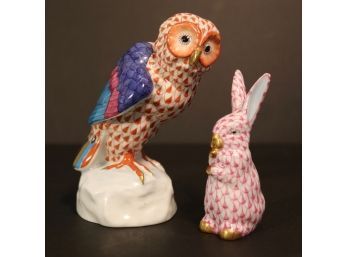 Two Herend Figures Fishnet Owl & Red Fishnet Rabbit