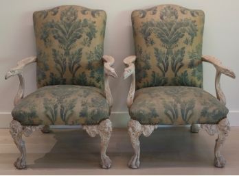 Impressive Pair Italianette Armchairs With Eagle Head And Lion Feet, Fortuny Upholstery