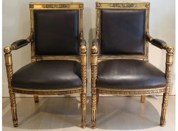 Pair Of French Directoire Style Gilt Wood And Leather Fauteuils