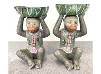 Pair Hong Kong Polychrome Porcelain Monkey Figural Tazzas
