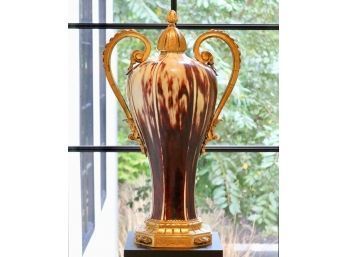 Spectacular Antique Flambe Glaze Urn In Bronze Continental Mount And Handles
