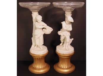 Pair Of 19th C. Antique Parian Figures Mounted And Holding Etched Crystal Bowls