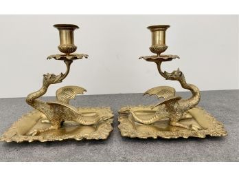 Pair Heavy Brass GRIFFIN CANDLE HOLDERS