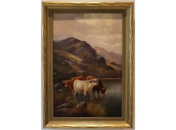 Original Oil Painting Scottish Highland Cattle Landscape Artist Signed