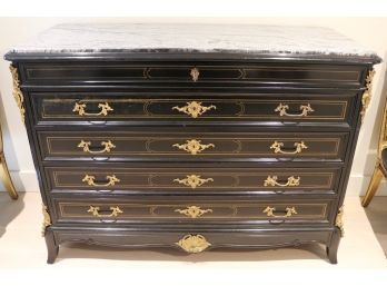 Classical French Provincial Style Ebonized Wood Chest Of Drawers With Brass Line Inlay And Ormolu Mounts
