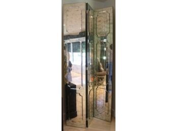 Pair, Large Three Panel Art Deco Smoky Mirrored Screens, Together As A Room Divider