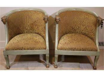 Pair Of Neo-Classical Style Ram's Heads Barrel Chairs, Stunning Upholstery