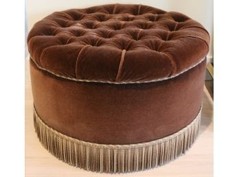 Beautful Tufted Brown Velvet Ottoman With Gold Piping And Fringe
