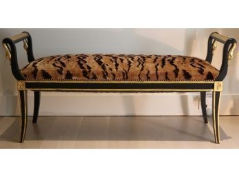 Empire Style Ebonized Gilt Wood Bench With Swan Neck Arms, Tiger Upholstery