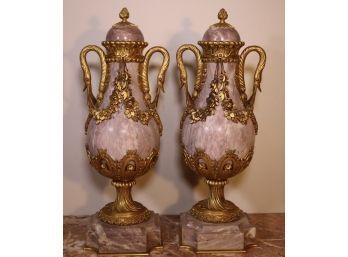 Pair Of French Pink Marble Bronze Mounted Urns