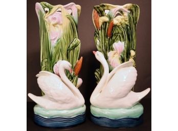 Pair Of Porcelain Staffordshire Swan Spill Vases, Made In Czechoslovakia
