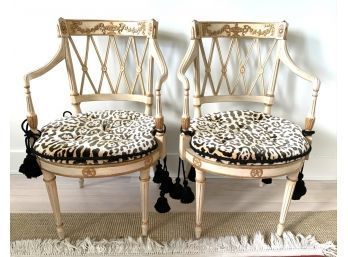 Pair French Empire-Style Fauteuil Cane Seat Armchairs With Gilt Highlights, Leopard Cushions