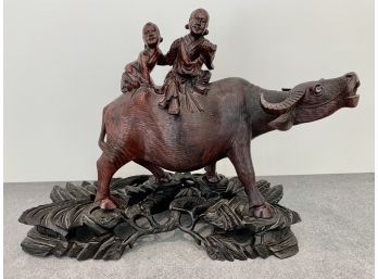 Vintage Carved Wood Chinese Water Buffalo With Two Riders On Fitted Base