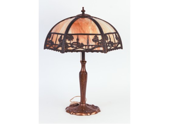 Vintage Scenic Metal Yellow Slag Glass Table Lamp