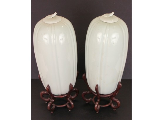 Maitland-Smith Celadon Porcelain Lidded Urns On Base- A Pair