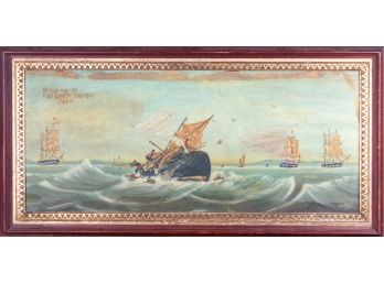 Folk Art Oil On Canvas Painting Of A 19th Century Whaling Scene