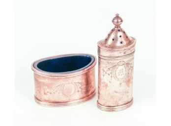 Antique Tiffany & Co English Sterling Silver Shaker & Open Salt W/ Cobalt Interior