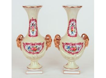 Early 20th Century Hand-Painted French Porcelain Gilt Ram Head Handled Urns- A Pair