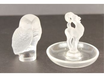Two Lalique Frosted Crystal Objects, An Owl Paperweight & Ram Jewelry Dish