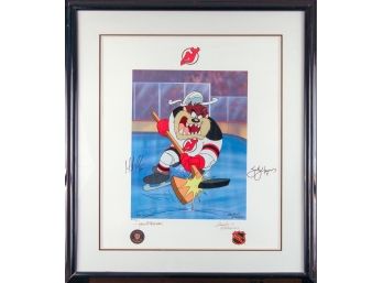 Artist Proof Warner Bros NJ Devils 'Slapshot' Lithograph Autographed By Martin Brodeur & Scott Stevens